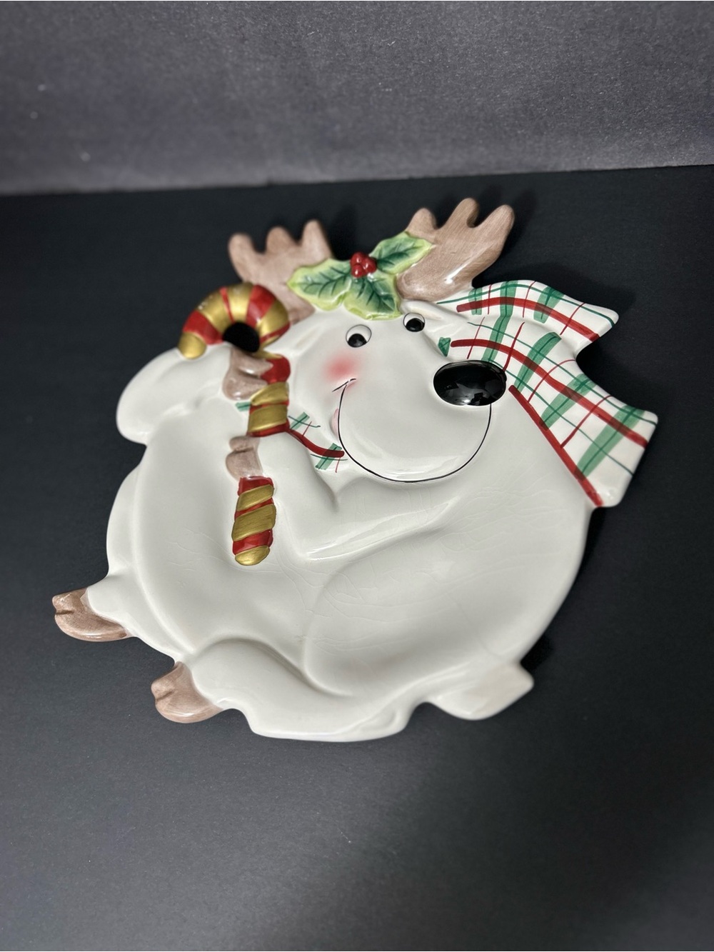 Magenta Festive Reindeer Candy Cane Serving Plate - White, Red, Green